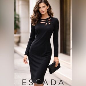 Escada “Midnight Blossom” Elegant Sheath Dress w Signature Floral Cut-Out NWOT